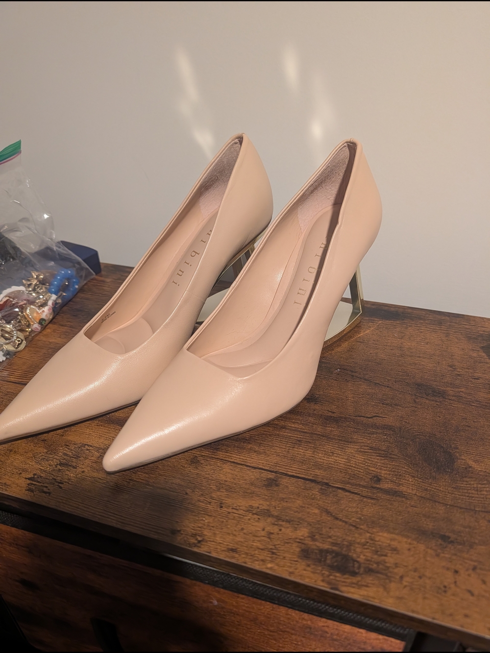 Blush Pointed-Toe Pumps with Metallic Block Heel